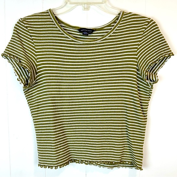 AE Green Striped Lettuce Hem Crop Top S - Picture 1 of 8